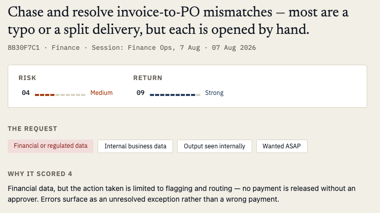 One request open in Better Vue: chasing invoice-to-PO mismatches, scored 4 out of 10 for risk and 9 out of 10 for return, tagged as financial data seen internally, with a written explanation of why it scored 4.